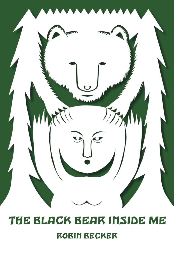 Bear and women reaching toward each other in a woodcarving style